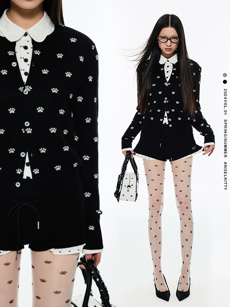 1JINN STUDIO fashionable soft and skin-friendly early spring all-over printed cat paw short jacket round neck knitted cardigan top