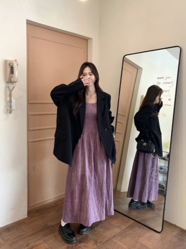 实拍 棉麻扎染紫色吊带裙女2024春夏新款法式收腰内搭长裙