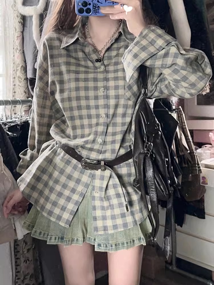 綠色格紋長袖襯衫職業通勤女裝復古港風chic寬鬆上衣慵懶風小個子