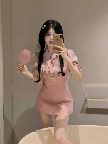 Real shot~Summer pink suspender dress striped short-sleeved shirt two-piece set for women