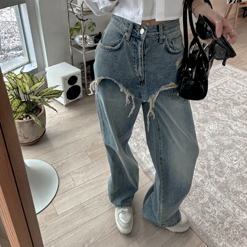個性拉絲毛邊拼接短褲磨白牛仔褲