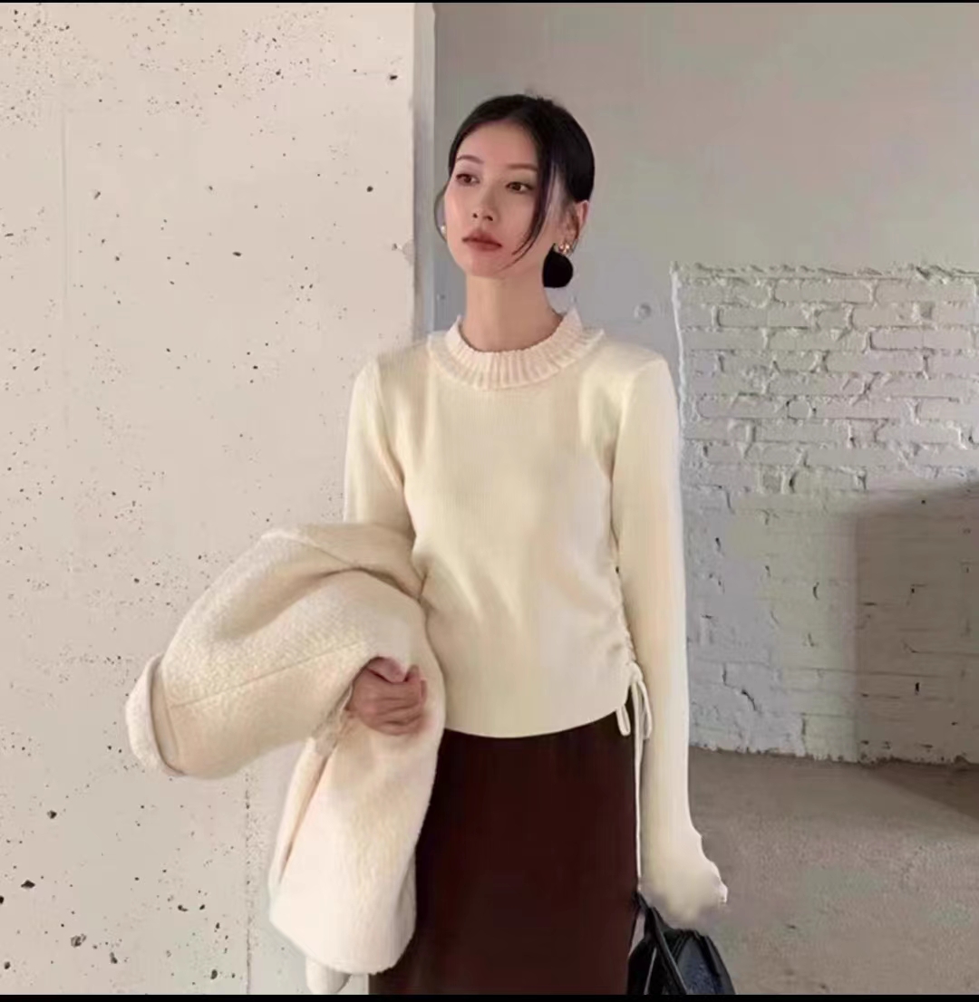 木耳邊圓領溫柔淑女氣質打底衫女冬季百搭內搭針織衫