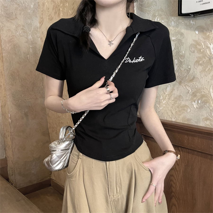 實拍韓版修身polo領短袖T恤女春休閒百搭短款魚骨上衣