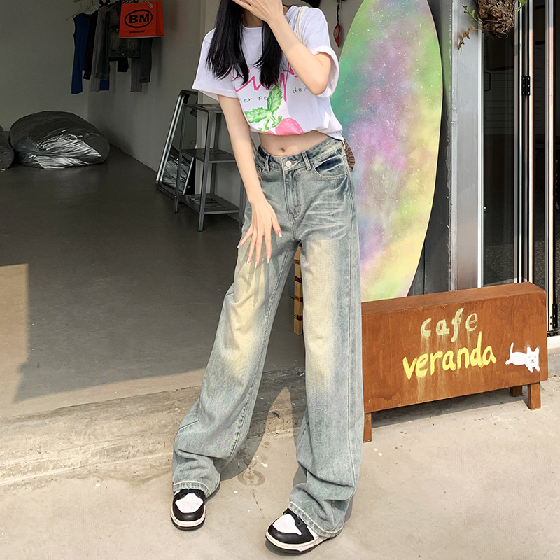 實拍GX-45酷帥拽姐 直筒牛仔褲女復古闊腿褲拖地長褲子