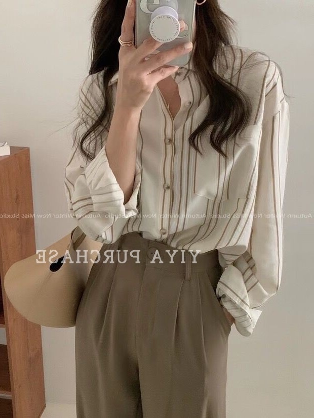 韓國東大門春季新款 小眾氣質豎條紋寬鬆長袖襯衫上衣女