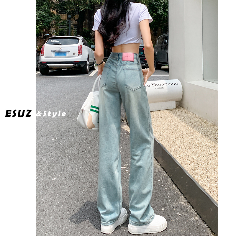 窄版月光藍高腰牛仔褲女寬鬆闊腿春秋新款小個子顯瘦垂感直筒長褲