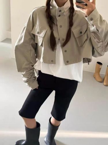 Stand collar cardigan short coat for women 2024 early spring long sleeve thickened petite top