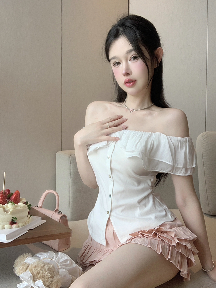 實拍 夏裝新款洋氣一字領露肩襯衫修身顯瘦短袖上衣女