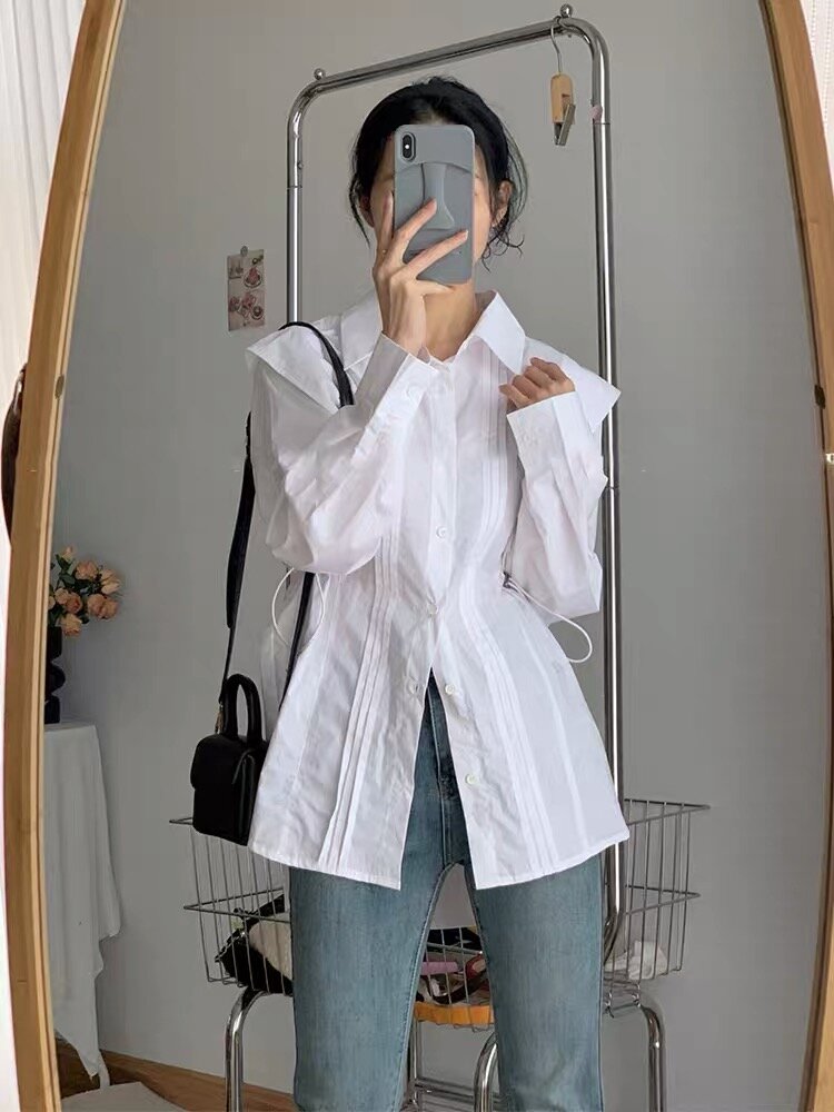 法式白色中長款襯衫女春秋款別致純棉收腰修身襯衣設計感小眾上衣