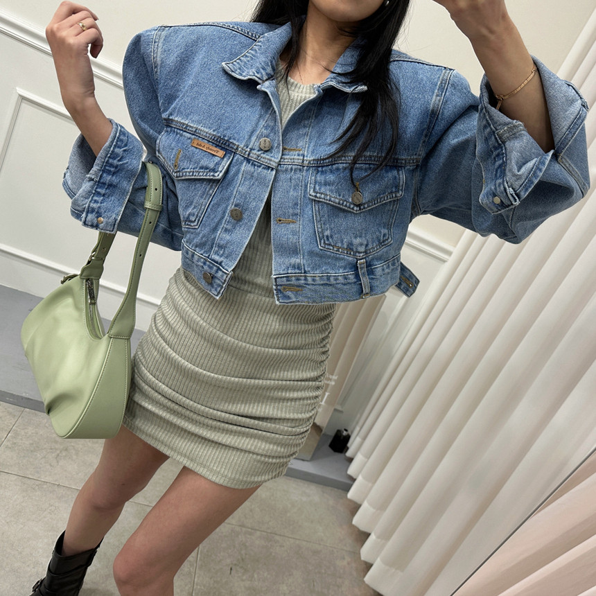 拼接單排扣翻領長袖牛仔短款外套