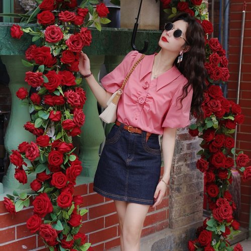 港风复古玫瑰花朵粉色短袖衬衫女夏款气质显瘦衬衣设计感小众上衣
