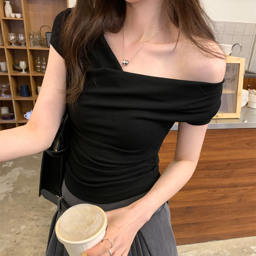 Actual pictures with design swung collar slim fit elastic short-sleeved T-shirt for women summer 2024 new hot girl short top