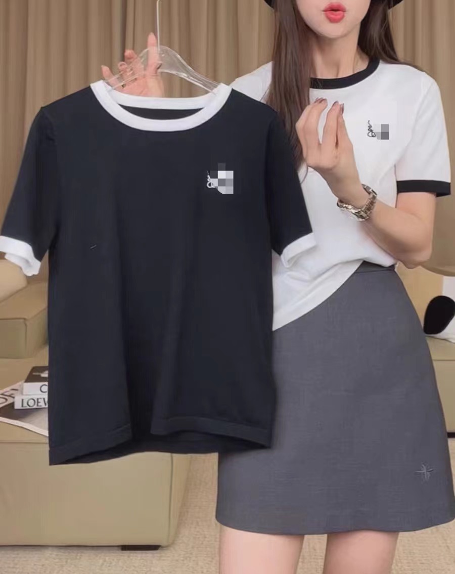 撞色印花t恤女夏季2024新款圓領短袖針織打底衫高端歐貨洋氣上衣