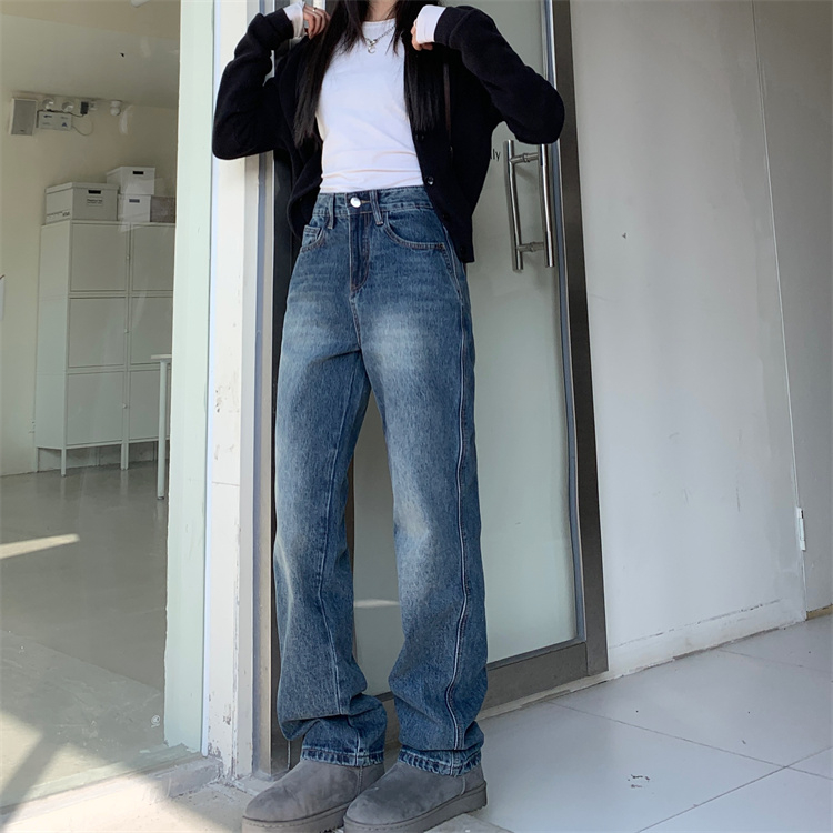 實拍 顯瘦遮胯直筒褲牛仔褲 藍色寬鬆拖地褲長褲女