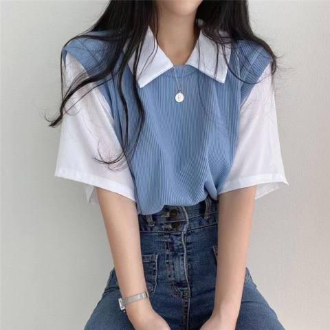 蛇骨紋polo翻領假兩件學院風撞色短袖T恤女