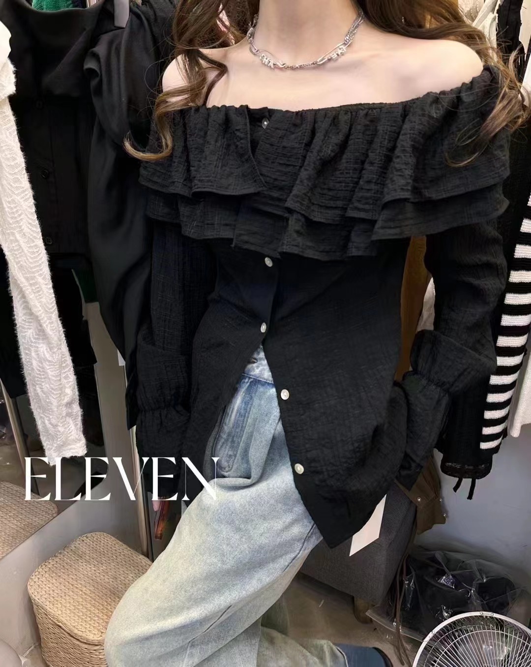 荷葉邊法式襯衫女早秋2024新款韓版設計感小眾一字肩收腰長袖上衣