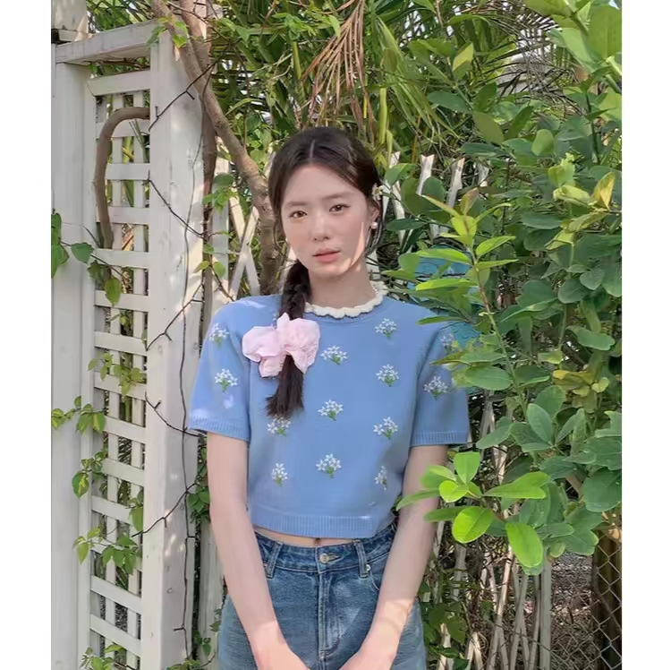 藍色花邊領短款短袖針織衫女2024新款高級感設計感別致絕美上衣春