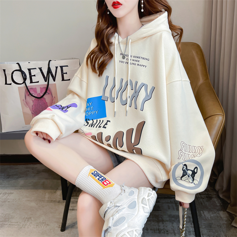 Real shot 2024 spring new Korean style hooded letter printed loose mid-length large size thin sweatshirt for women