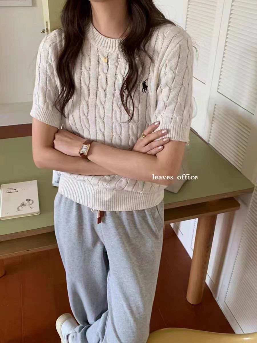 2024春季羊絨軟糯親膚麻花短袖針織女韓版氣質百搭款圓領套頭刺繡