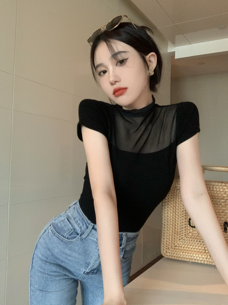 黑色網紗微透蕾絲拼接T恤夏季新款辣妹修身時尚短袖上衣女裝