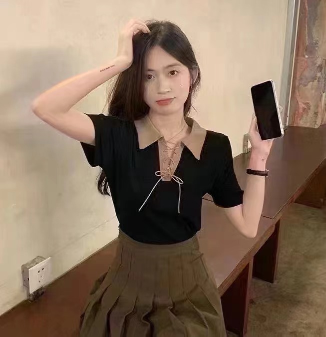 撞色v領綁帶polo衫正肩短袖T恤女夏季設計感小眾甜酷上衣配半身裙