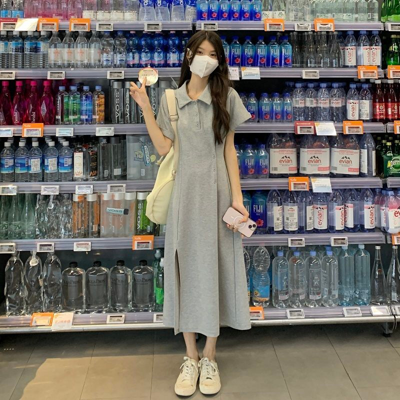 Temperament slit polo collar short-sleeved dress women's summer new design skirt waist slimming a-line mid-length skirt
