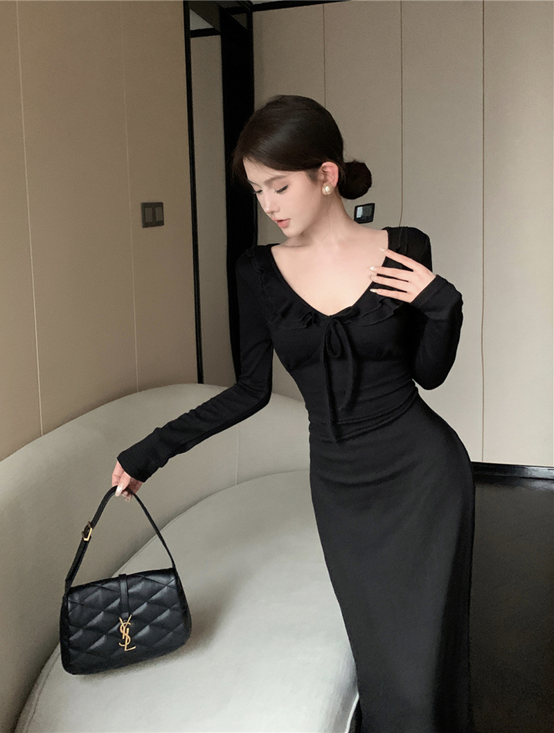 實拍復古性感V領荷葉邊綁帶收腰顯瘦長袖針織連衣裙女