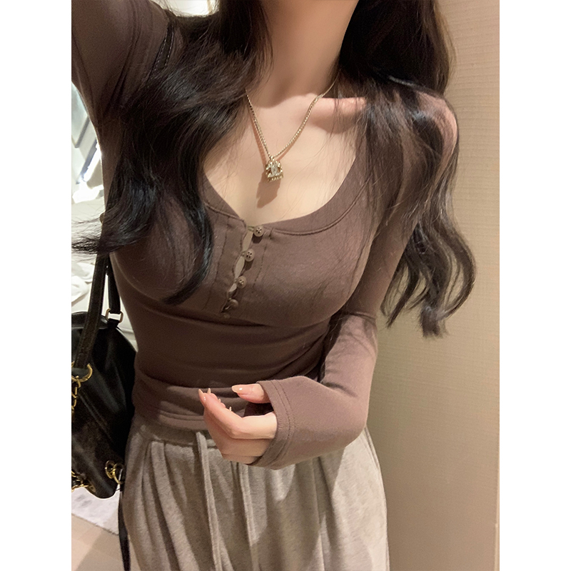 美式咖色純欲粉色打底衫女秋季長袖u領設計感修身顯瘦氣質短上衣