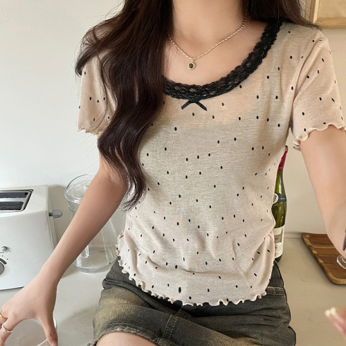 Real shot of pure lust dot bow short-sleeved T-shirt women's lace collarbone slim short top