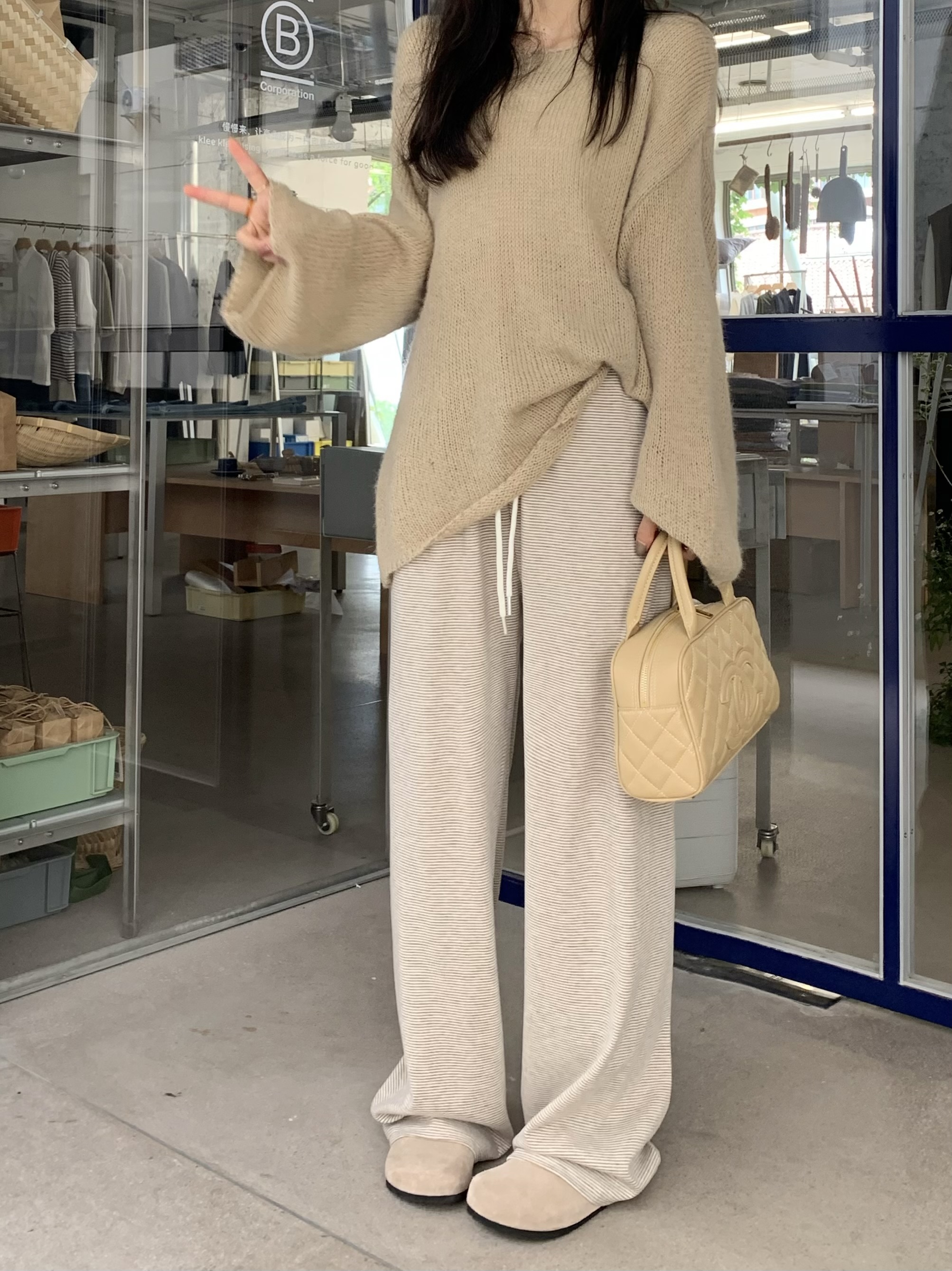 實拍～春夏薄款條紋羊絨休閒闊腿褲抽繩遛彎褲