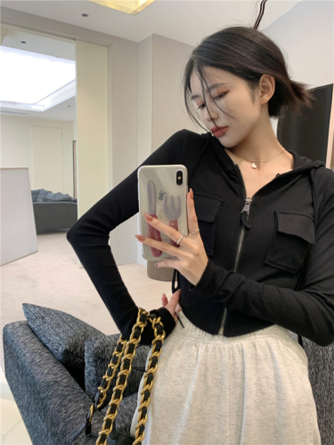 Actual shot~ Spring new style hooded pocket slim fit sweet spicy zipper cardigan jacket top for women