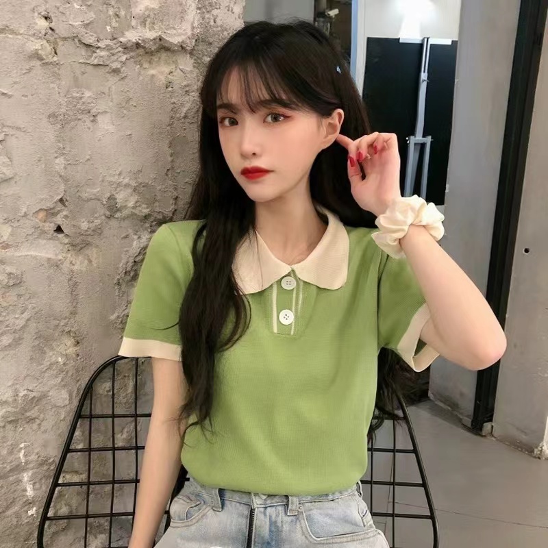Green Polo collar right shoulder T-shirt for women with niche design American retro summer ice silk short-sleeved sweater top