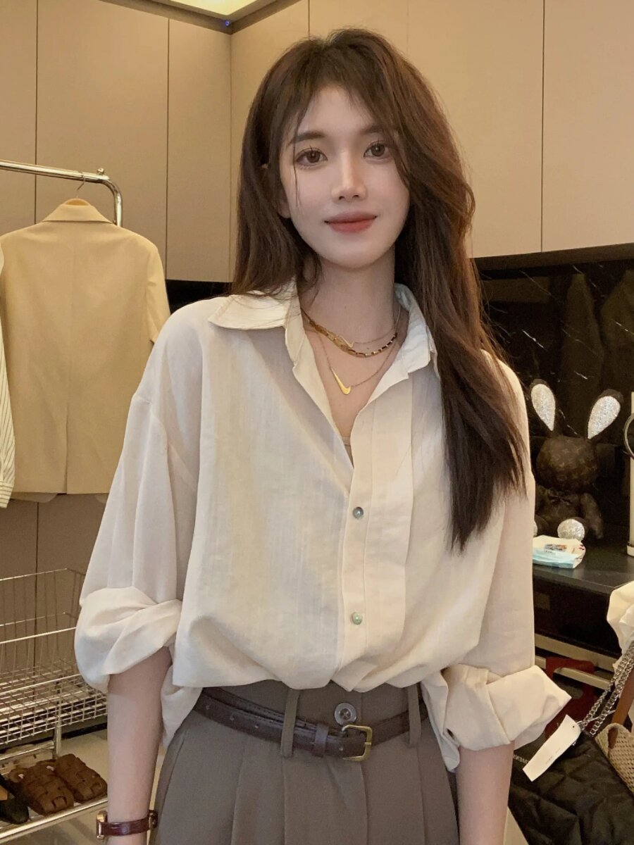 韓版甜美文藝范素色棉麻寬鬆襯衫女春夏休閒百搭長袖polo領上衣
