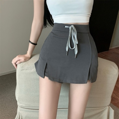 Real shot of drawstring high waist hip-covering culottes new 2024 summer design female skirt retro short skirt