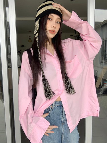 Actual shot of pink polo collar shirt mid-length loose casual shirt pure cotton lazy style top for women