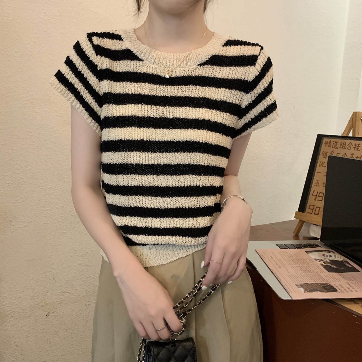 實拍 春夏韓版百搭正肩氣質條紋薄款針織衫短袖女上衣