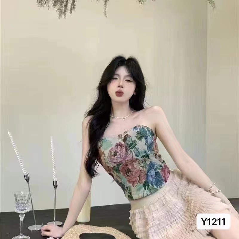 夏季新款韓版純欲性感帶胸墊彩色花花抹胸