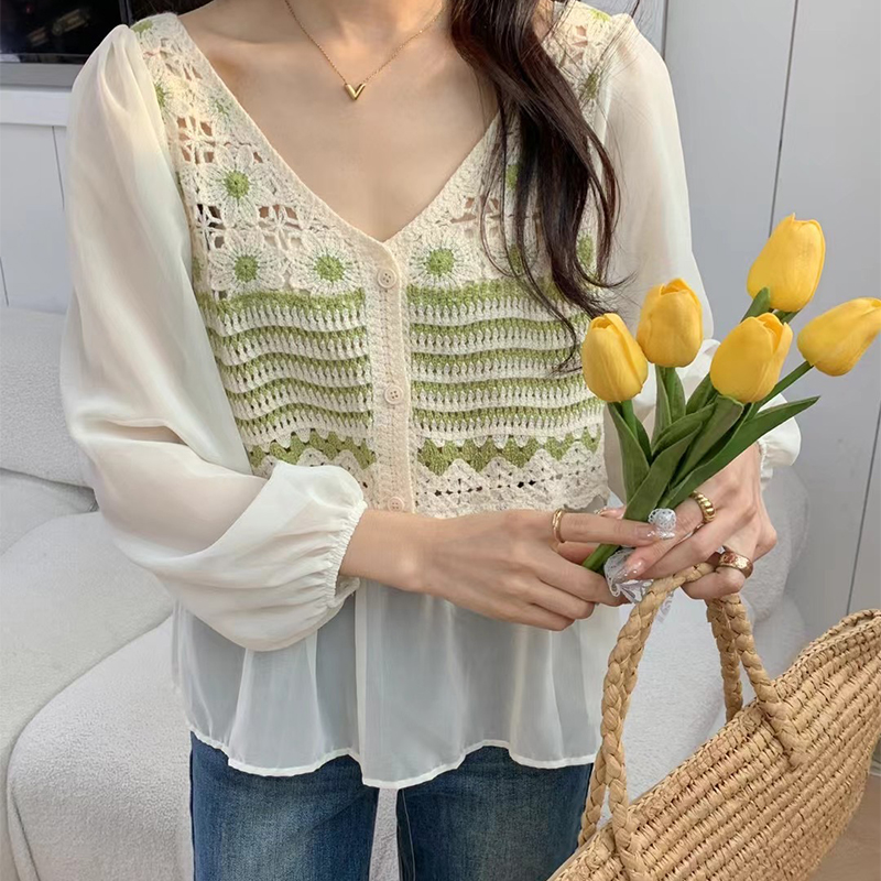 韓版防曬網紅款洋氣針織鈎花拼接長袖女秋季新款假兩件雪紡衫上衣