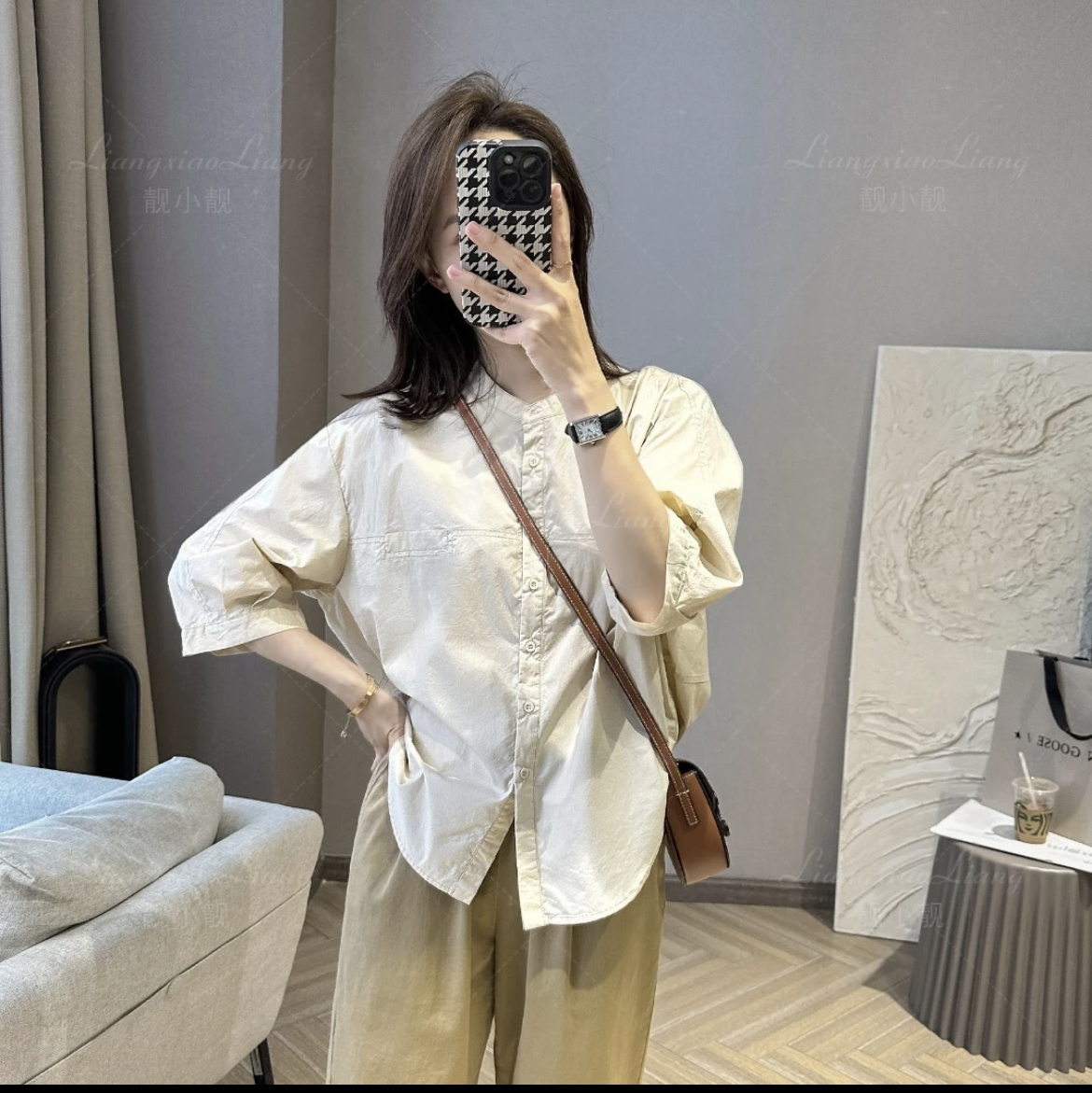 夏裝新款大碼女裝韓版簡約通勤中袖襯衫美拉德寬鬆襯衣圓領上衣