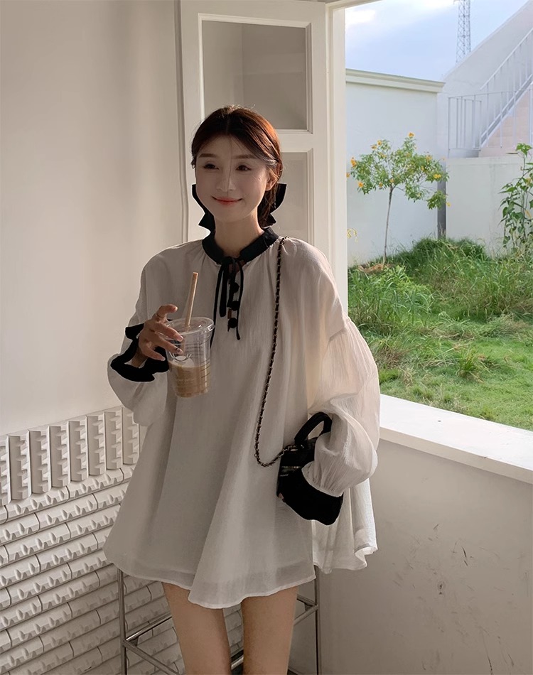 韓版chic系帶拼接白色襯衫女春季2024新款洋氣寬鬆百搭喇叭袖上衣
