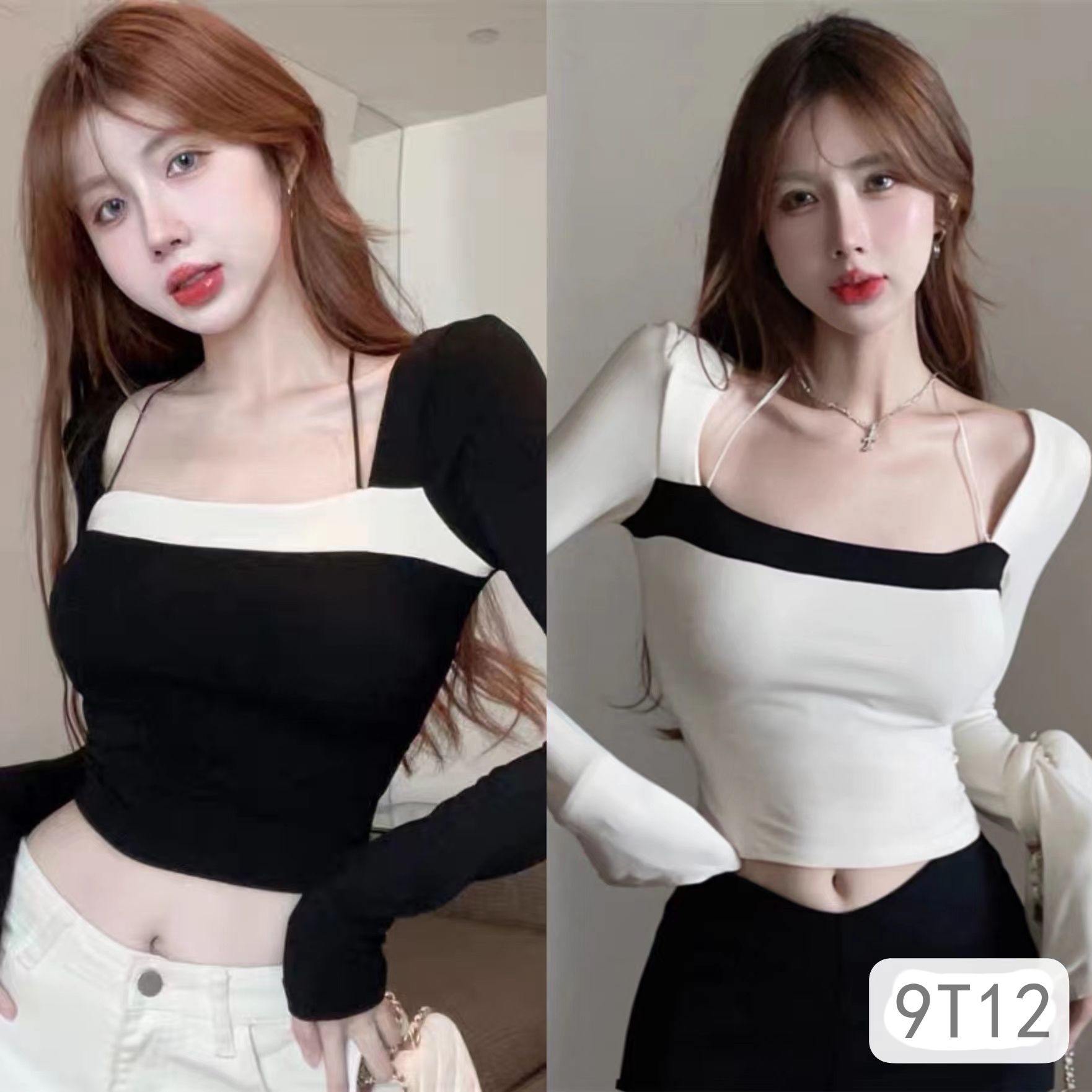 Hot girl knitted T-shirt for women 2024 spring pure lust style short square collar temperament bottoming shirt slim long-sleeved top