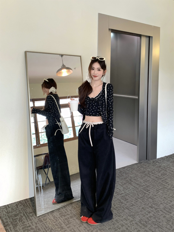 實拍~春秋辣妹吊帶背心開衫套裝+雙腰拼接抽繩衛褲三件套女