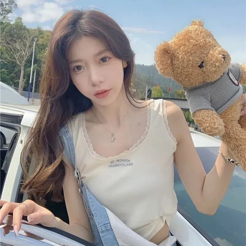 Rayon 260 Korean style simple college style letter camisole sweet and spicy style slimming short top