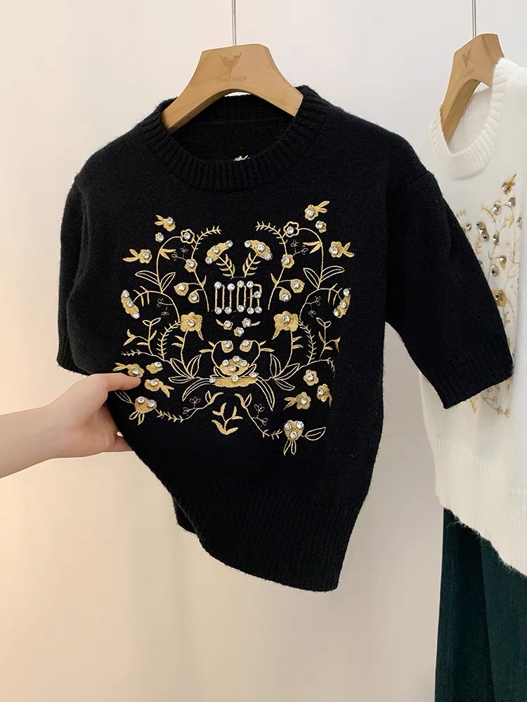 重工釘珠刺繡花短袖針織衫女2024年早春新款圓領半袖毛衣打底上衣