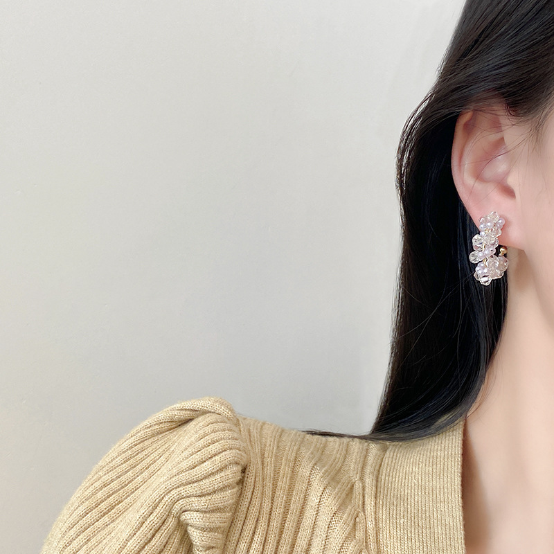 Actual shot of S925 silver needle light luxury high-end design C-shaped exaggerated circle earrings for women crystal ins trend