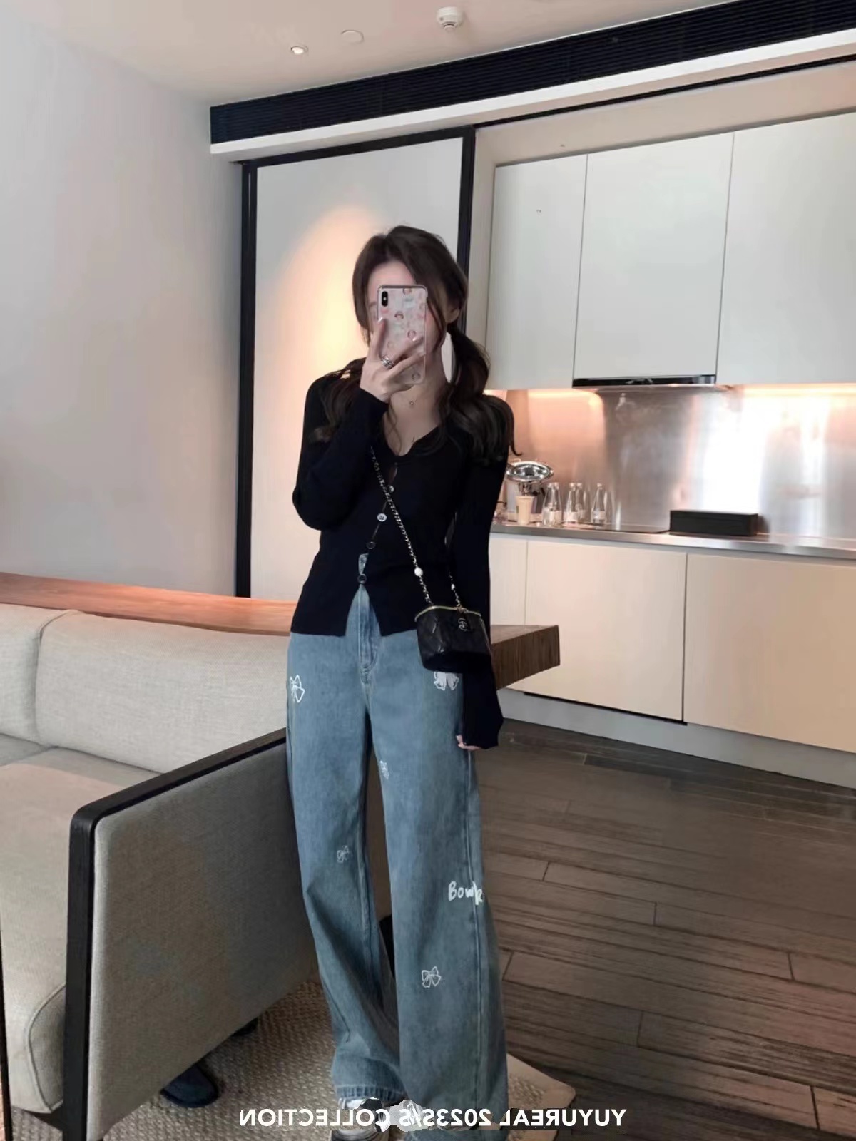 YUYU獨特時髦感 印花牛仔褲女春秋款高腰直筒設計感小眾褲子REAL-