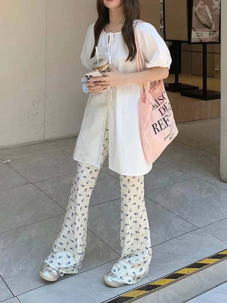 清新碎花微喇叭休閒褲女夏季薄款小眾寬鬆高腰顯瘦直筒垂感長褲子