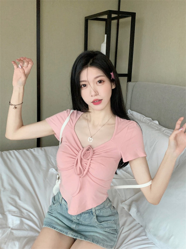 Official photo Sweet and spicy slim-fitting short-sleeved T-shirt women's summer design niche V-neck drawstring lace-up short top