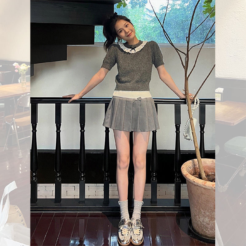 韓系娃娃領灰色針織衫短袖女春季新款蕾絲拼接洋氣獨特别致短上衣