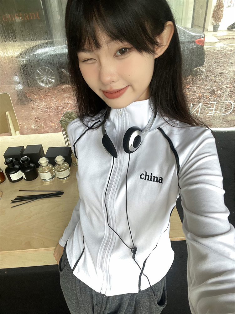 Real shot sports stand-up collar long-sleeved coat for women early spring new slim fit irregular short top